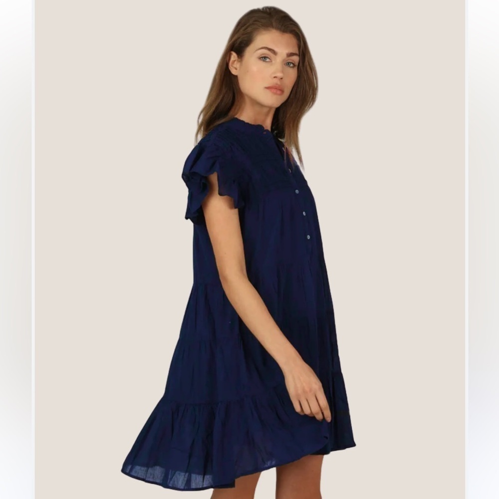 NWOT Dylan Anthropologie Midnight Navy Cotton Prairie Tiered Ruffle Dress Size M
